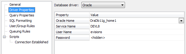 Oracle Home: OraDb11g_home1. Service Name: DEVL8. Usernme: evisions. Password: <hidden>